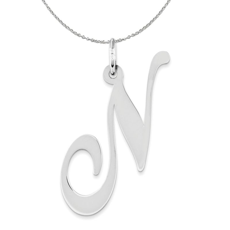 Silver, Ella Collection, Lg Fancy Script Initial N Necklace - 20 In